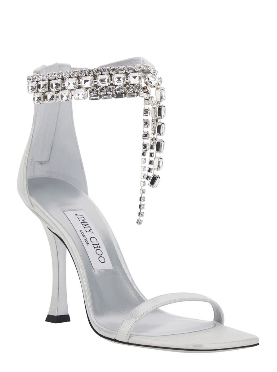 'Crystal' Metallic Sandals With Rhinestoned Ankle Strap And High Curved Heel In Leather Woman