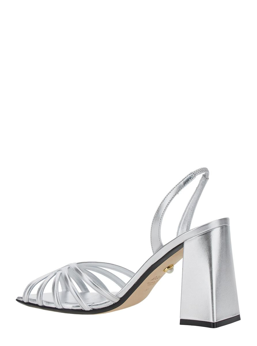 'Tara' Metallic Sandals With Elastic Ankle Strap And Block Heel In Leather Woman