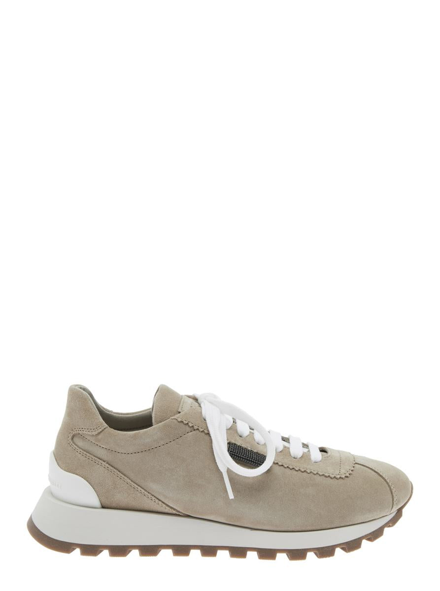 Beige Low Top Sneakers With Monil Detail On The Side And Embossed Logo Lettering On The Rear In Leather Woman