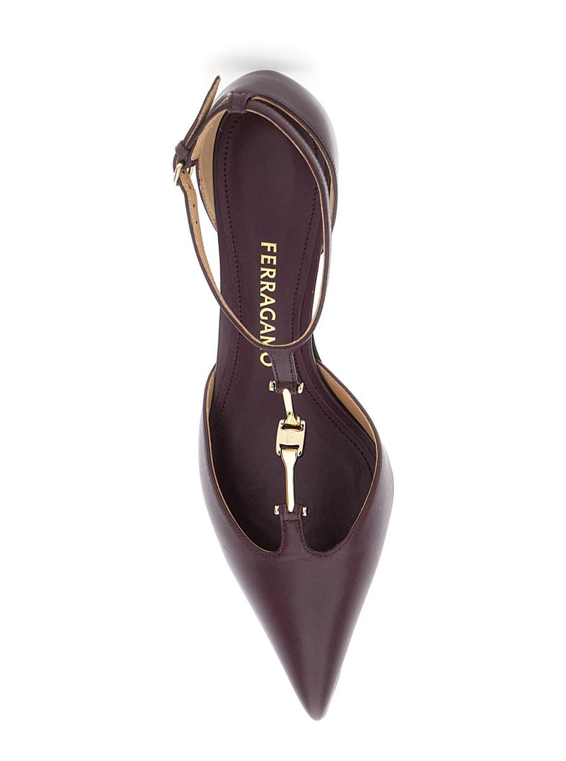 Bordeaux Pumps With T Strap And Low Heel In Leather Woman