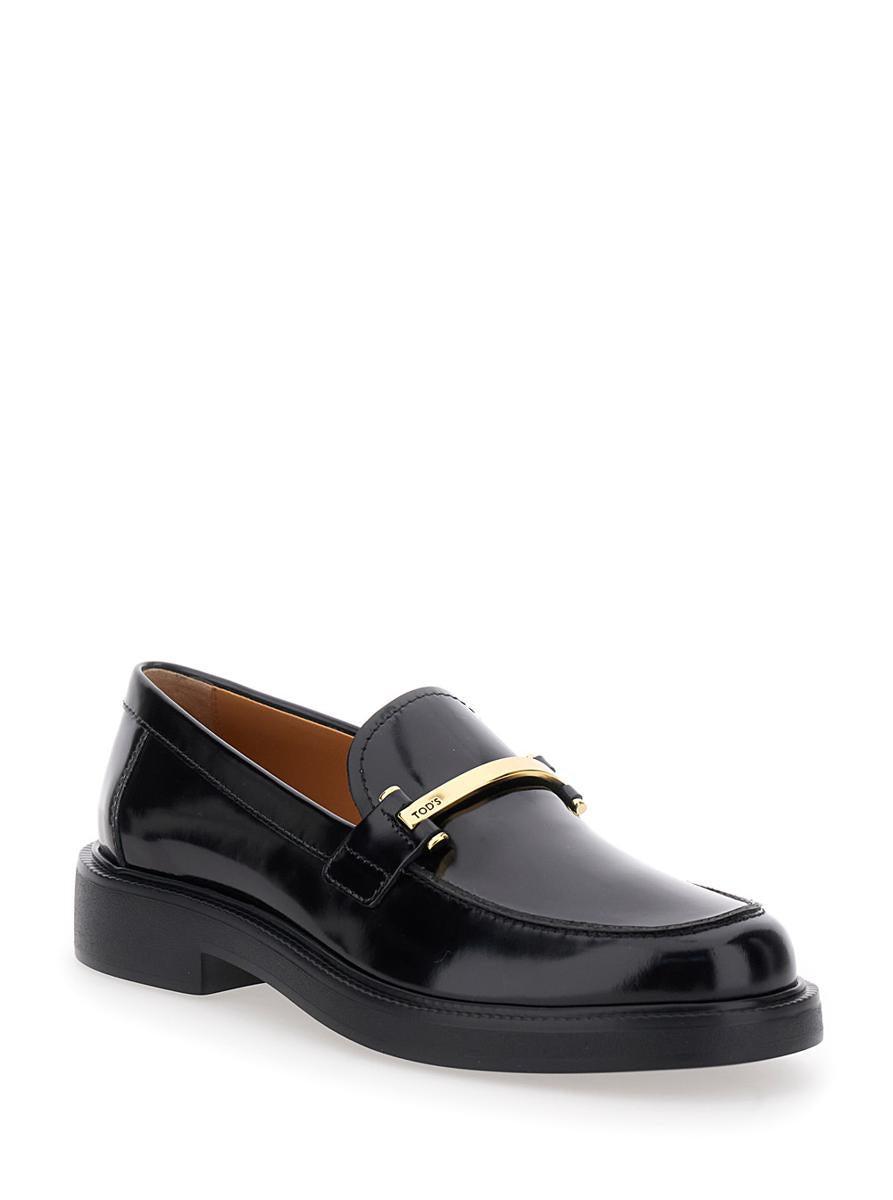 Black Loafers With Logo Plaque In Leather Woman