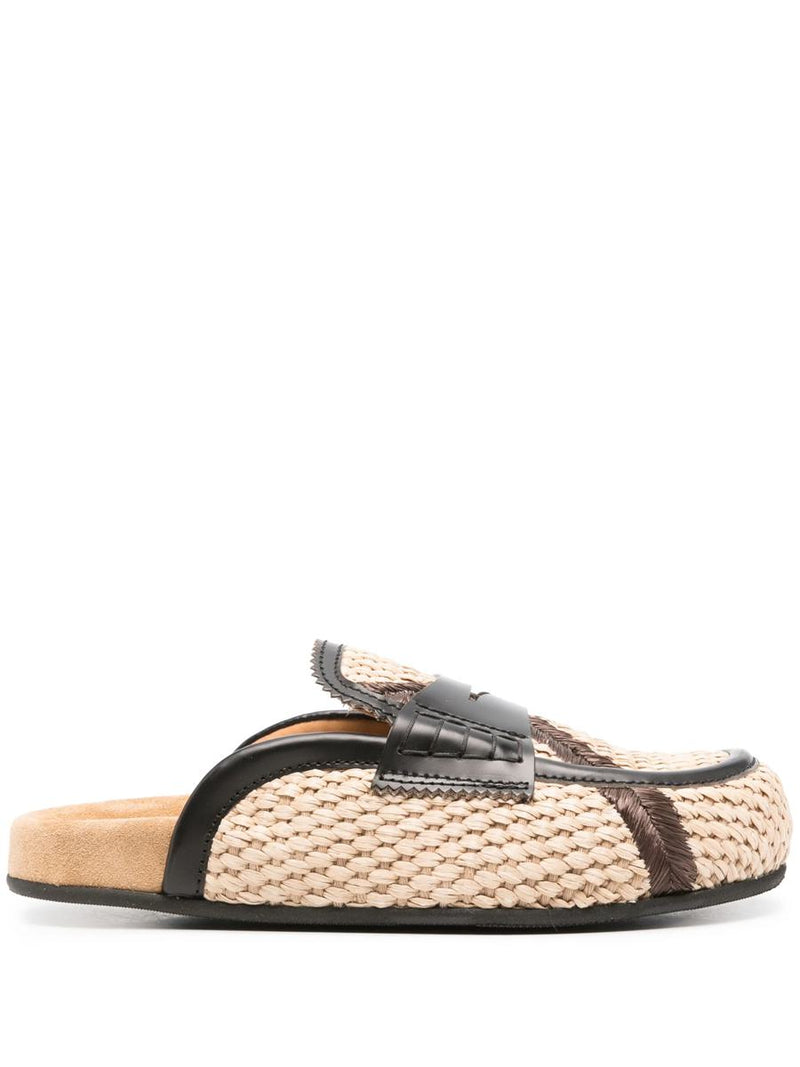 College Leather-Trim Raffia Mules