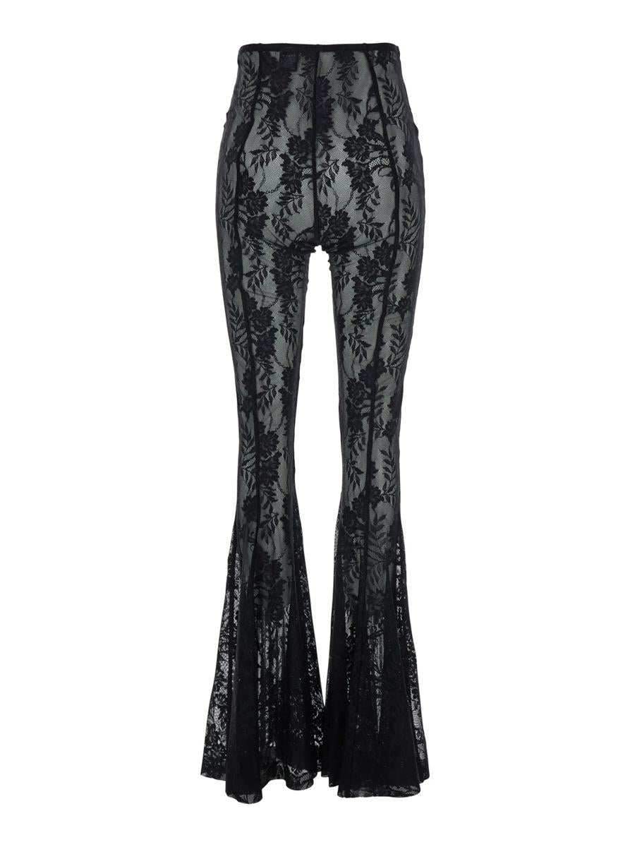 'Fishtail' Black Flared Pants With All-Over Floral Embroidery And Wide Leg In Tech Fabric Stretch Woman