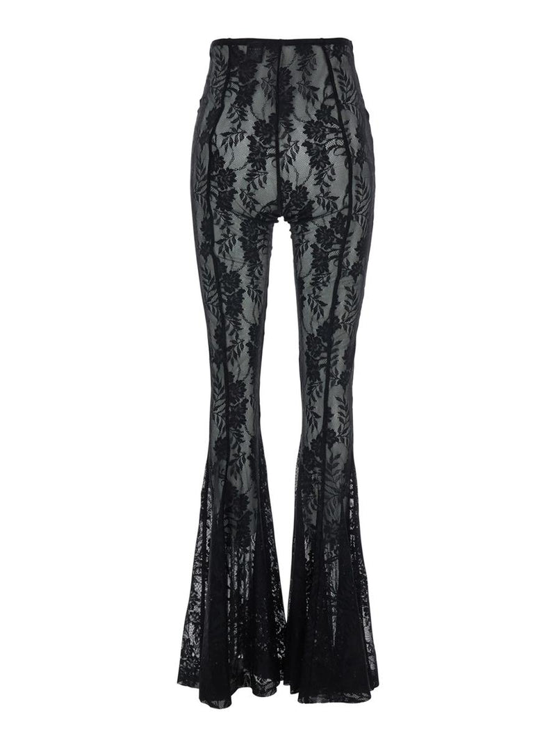 'Fishtail' Black Flared Pants With All-Over Floral Embroidery And Wide Leg In Tech Fabric Stretch Woman