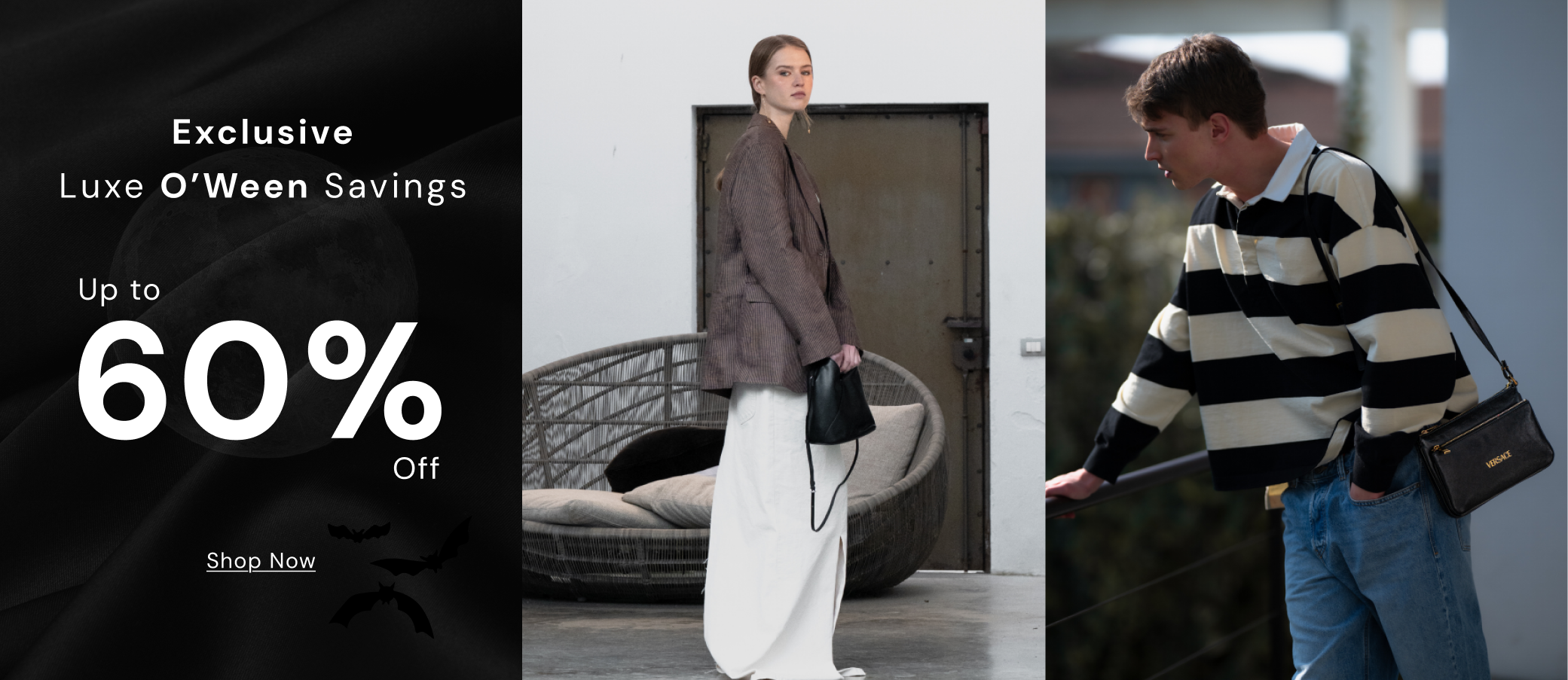 Promotional banner with 'Exclusive Luxe O'ween Savings' and 'Up to 60% Off' offer, featuring a woman and a man in stylish outfits.