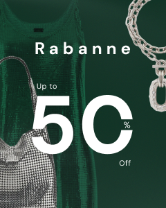 Promotional graphic with 'Rabanne' brand name, discount offer, and fashion items on a dark green background.
