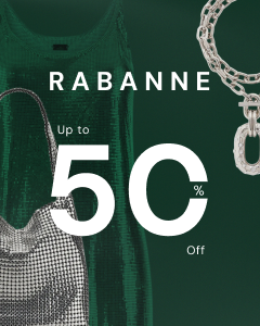Promotional graphic with 'Rabanne' branding and discount offer on a green background.