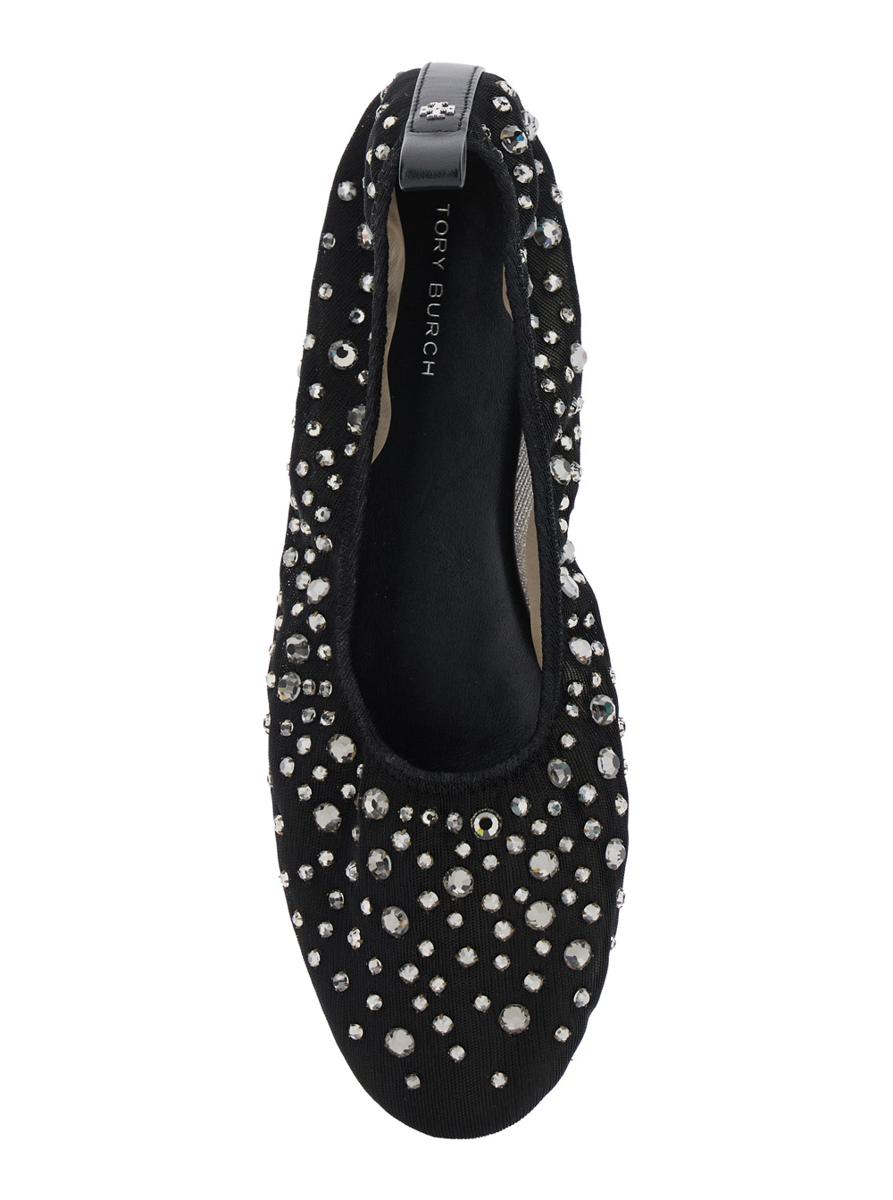 Black Ballet Flats With All-Over Crystals Application In Tech Fabric Woman