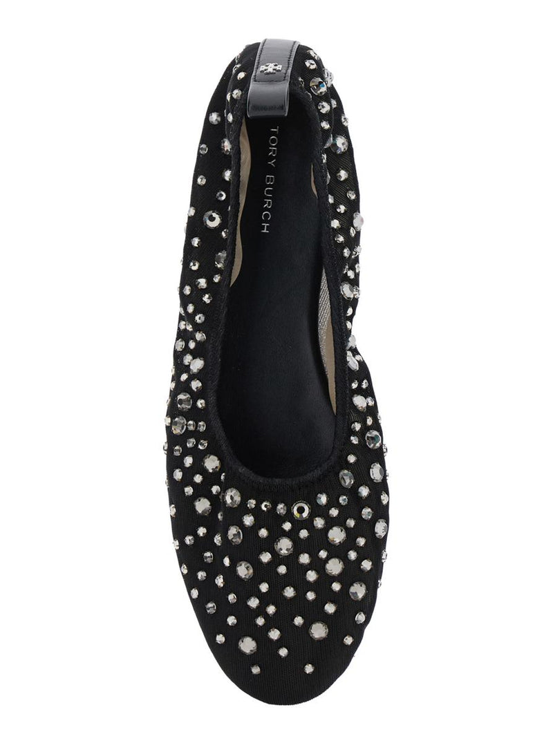 Black Ballet Flats With All-Over Crystals Application In Tech Fabric Woman