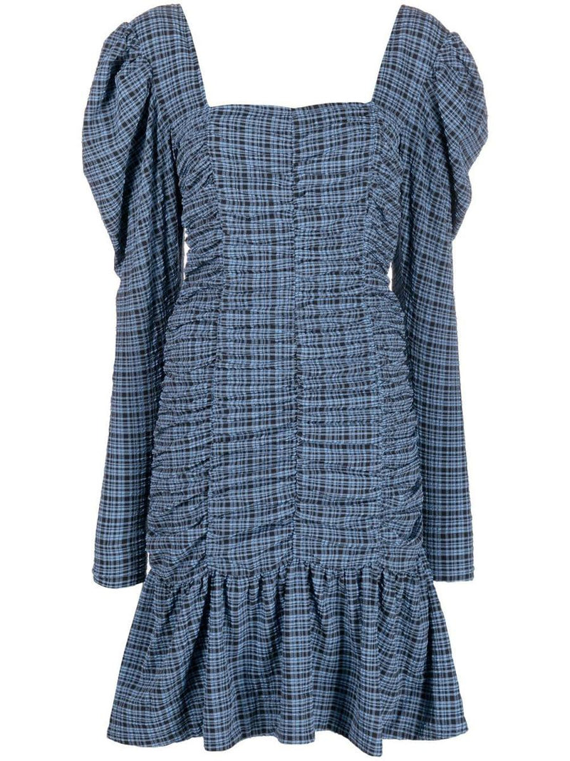 Ganni Stretch Seersucker Gathered Mini Dress Clothing