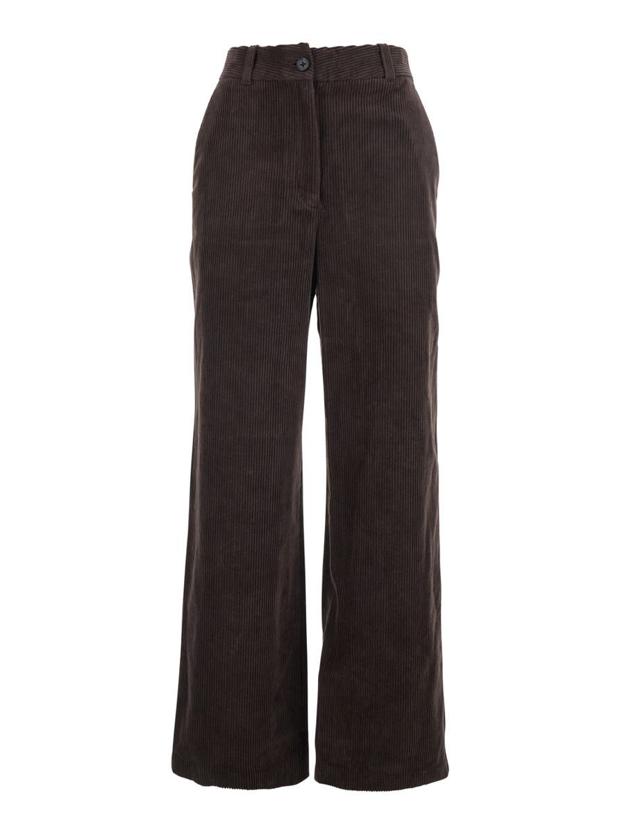 Brown Pants With Belt Loops And Wide Leg In Corduroy Woman