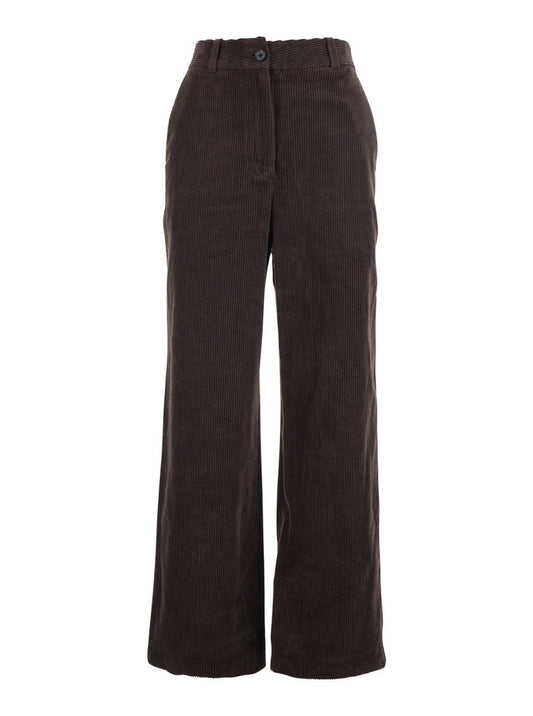 Brown Pants With Belt Loops And Wide Leg In Corduroy Woman
