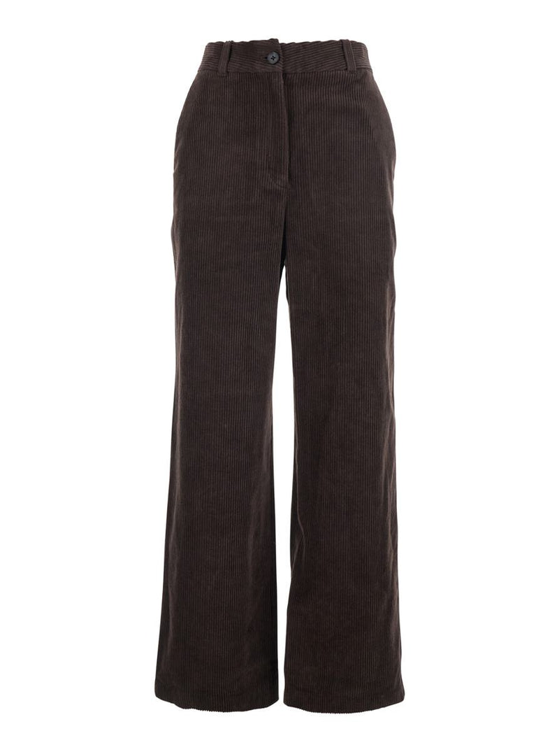 Brown Pants With Belt Loops And Wide Leg In Corduroy Woman