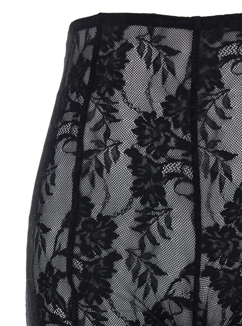 'Fishtail' Black Flared Pants With All-Over Floral Embroidery And Wide Leg In Tech Fabric Stretch Woman