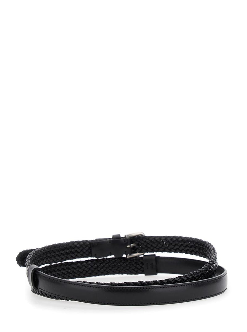 Black Belt With Buckle Closure And Interwoven Design In Leather Man