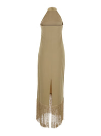 'Berlin' Beige Long Dress With High Neck And Fringes Applied On The Edges In Cady Crepe Woman