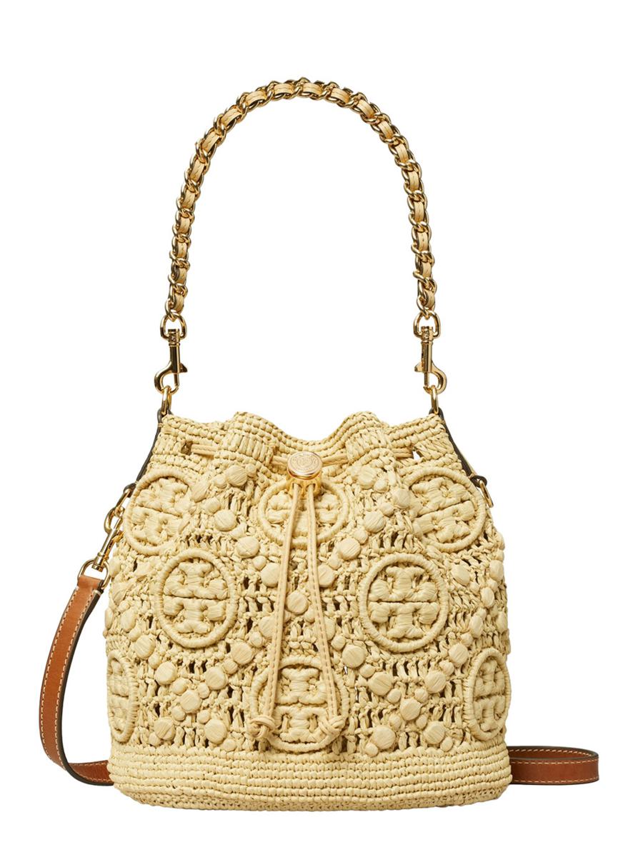 'T Monogram' Beige Crossbody Bag With Logo Embroidery And Chain-Link Handle In Raffia Woman