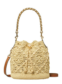 'T Monogram' Beige Crossbody Bag With Logo Embroidery And Chain-Link Handle In Raffia Woman