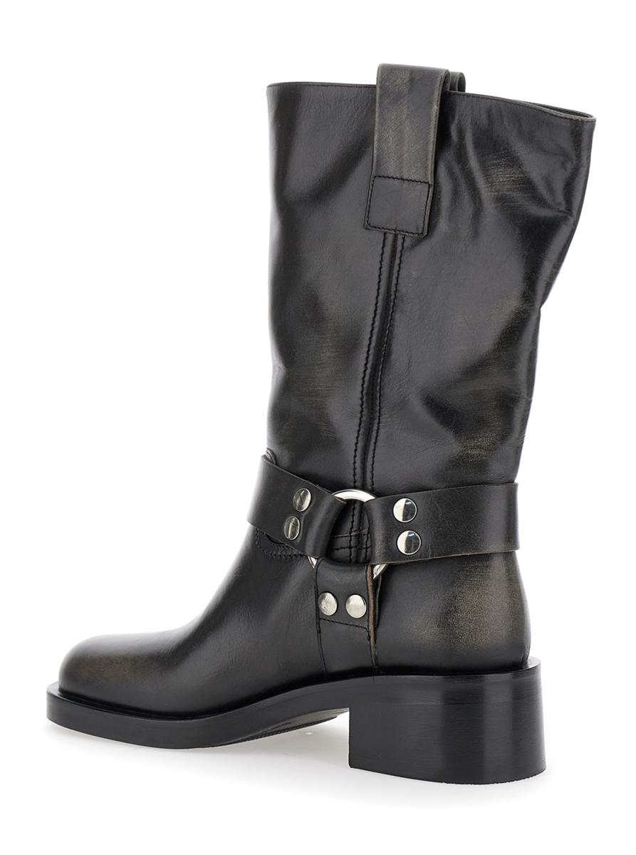 Black Ankle Boots With Studs And Ring In Leather Woman