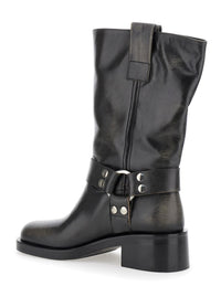 Black Ankle Boots With Studs And Ring In Leather Woman
