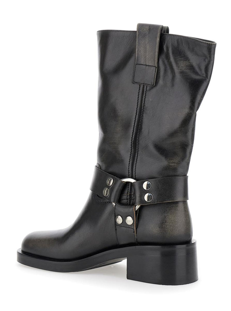 Black Ankle Boots With Studs And Ring In Leather Woman