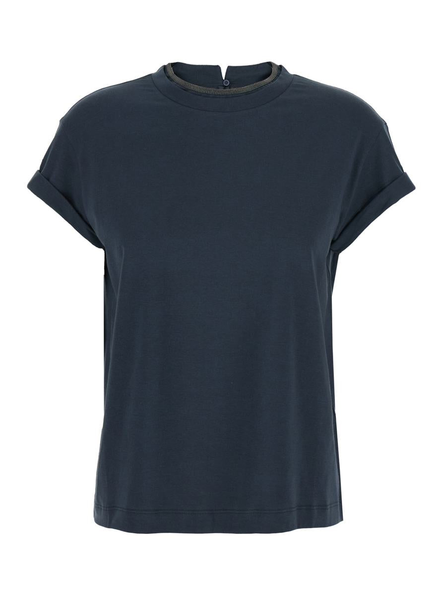 Blue Crewneck T-Shirt With Monil Detail On The Collar And Rear Cut-Out In Cotton Stretch Woman
