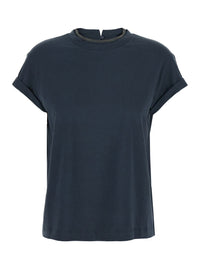 Blue Crewneck T-Shirt With Monil Detail On The Collar And Rear Cut-Out In Cotton Stretch Woman