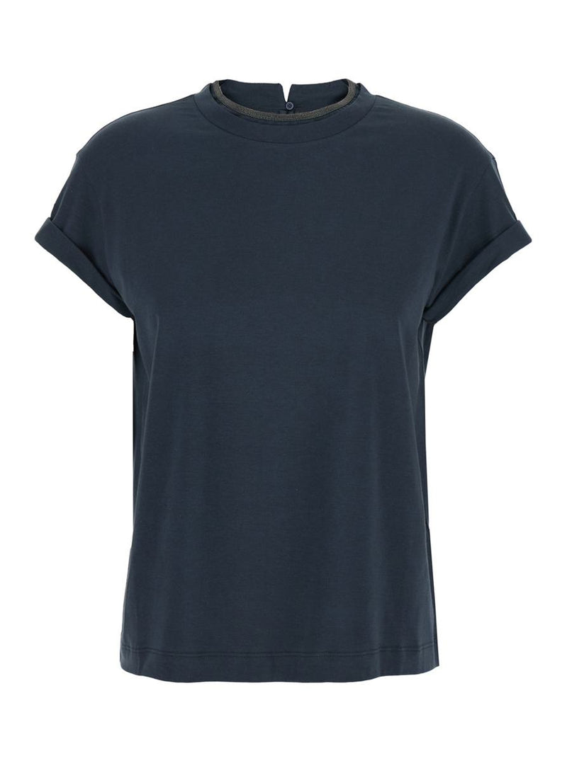 Blue Crewneck T-Shirt With Monil Detail On The Collar And Rear Cut-Out In Cotton Stretch Woman