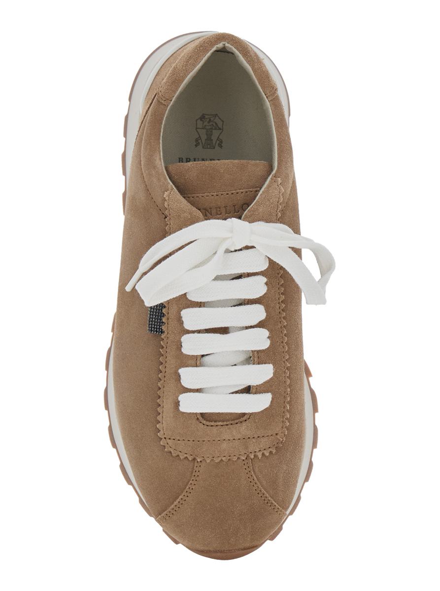Beige Low Top Sneakers With Monil Detail On The Side And Logo Lettering On The Tongue In Suede Woman