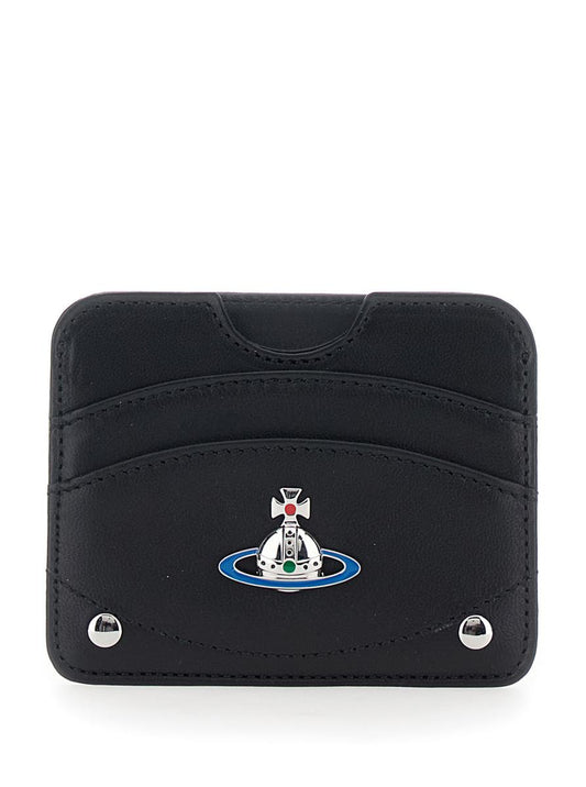 Black Card Holder With Orb Detail On The Front And Stud Embellishments On The Front In Leather Woman