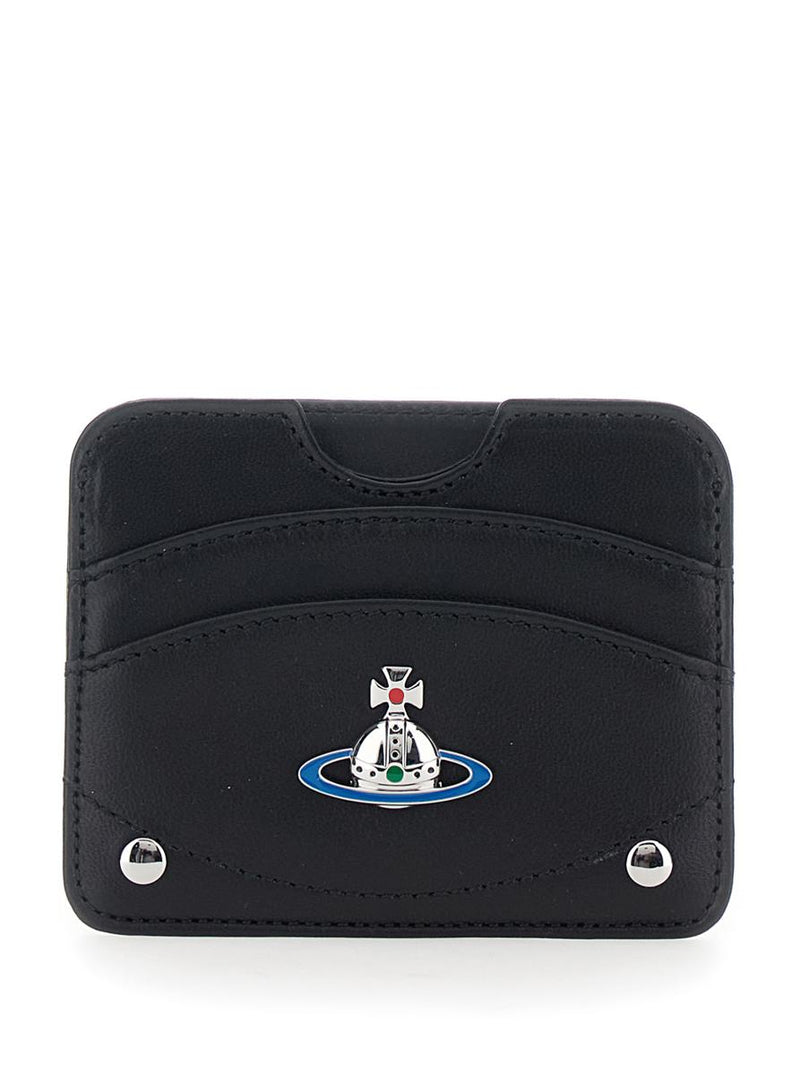 Black Card Holder With Orb Detail On The Front And Stud Embellishments On The Front In Leather Woman