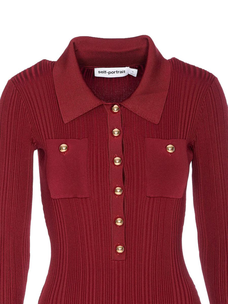Self-Portrait Burgundy Ribbed Knit Midi Dress Clothing