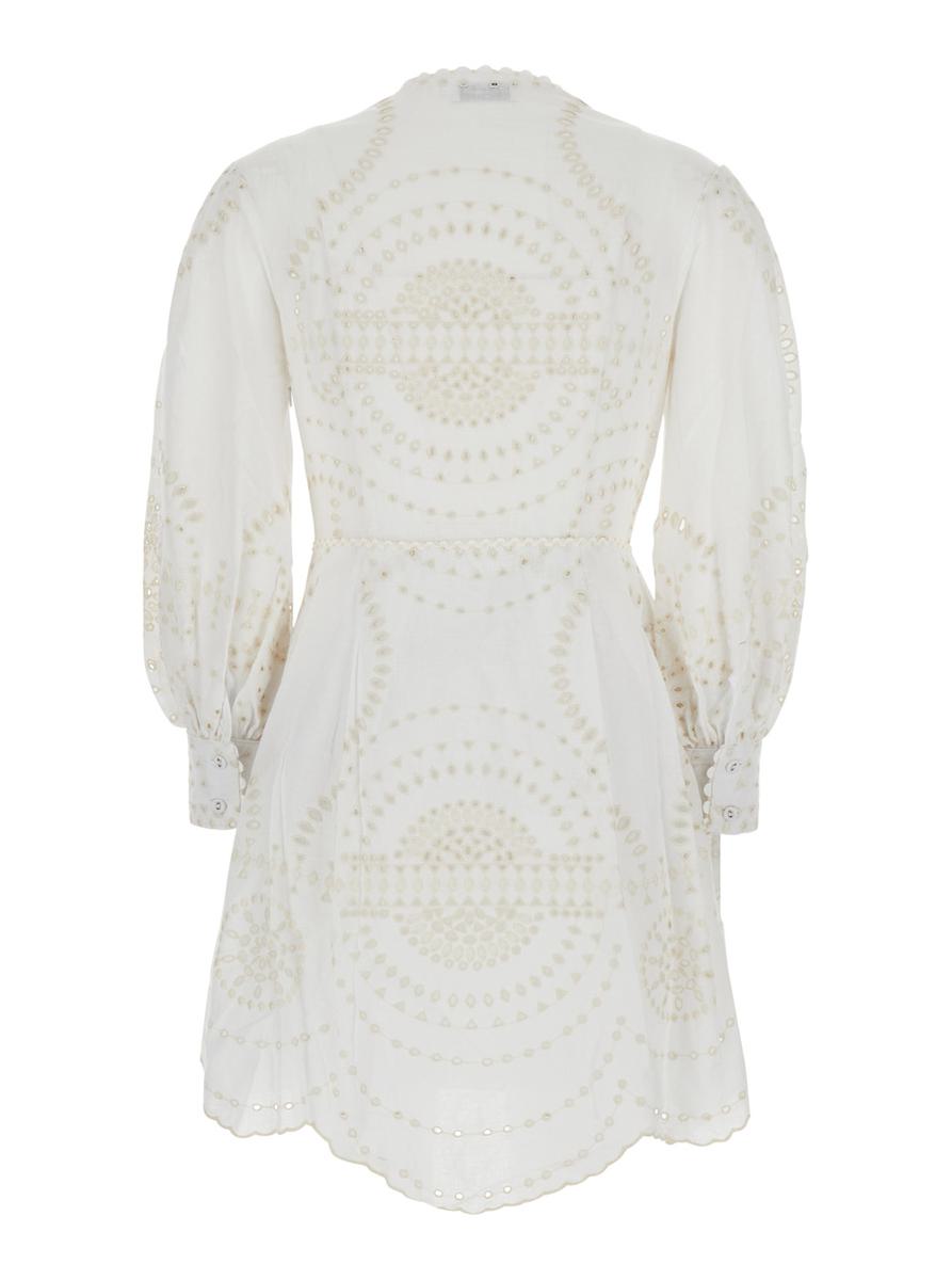 'Asahi' White Dress With All-Over Embroidery Design And Pleated Skirt In Cotton And Linen Blend Woman