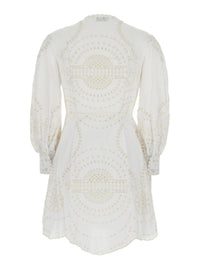 'Asahi' White Dress With All-Over Embroidery Design And Pleated Skirt In Cotton And Linen Blend Woman