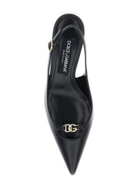 Black Slingback Pumps With Logo Plaque On The Front In Patent Leather Woman