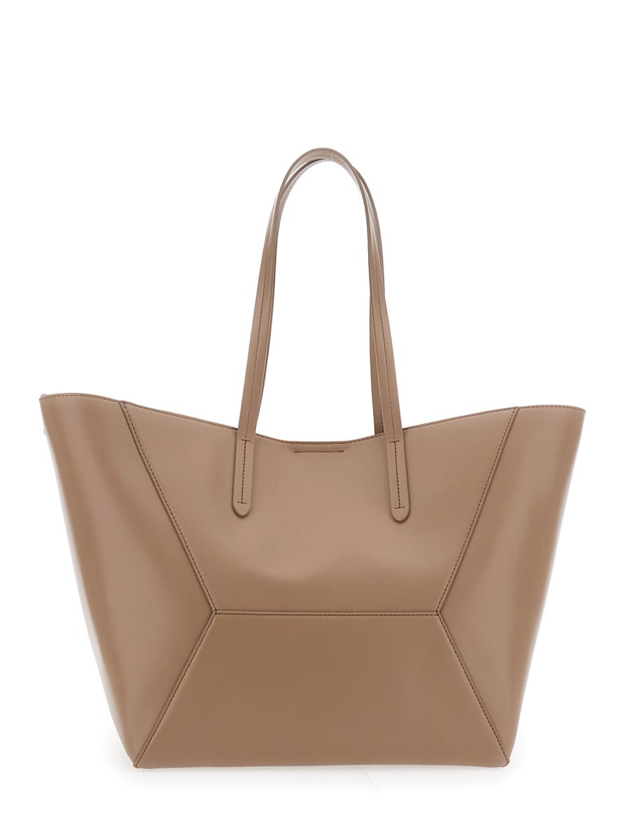 Beige Tote Bag With Logo Lettering On The Front And Geometric Panels Design In Leather Woman