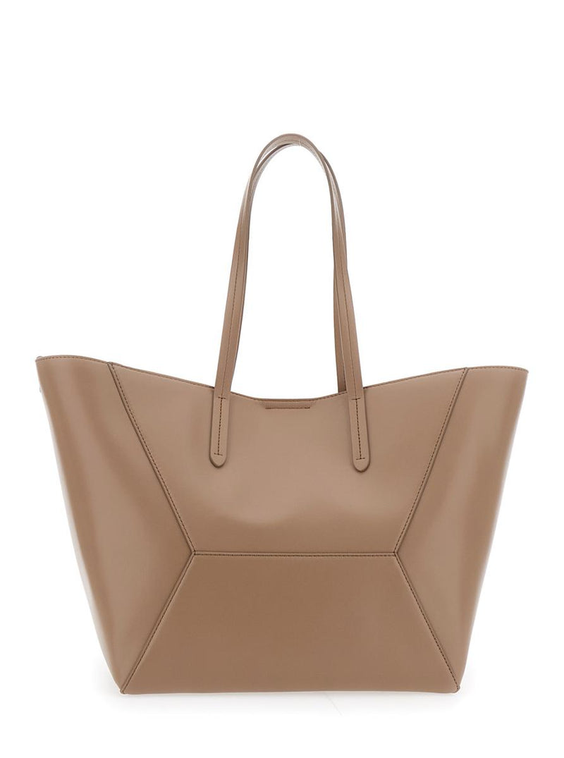 Beige Tote Bag With Logo Lettering On The Front And Geometric Panels Design In Leather Woman