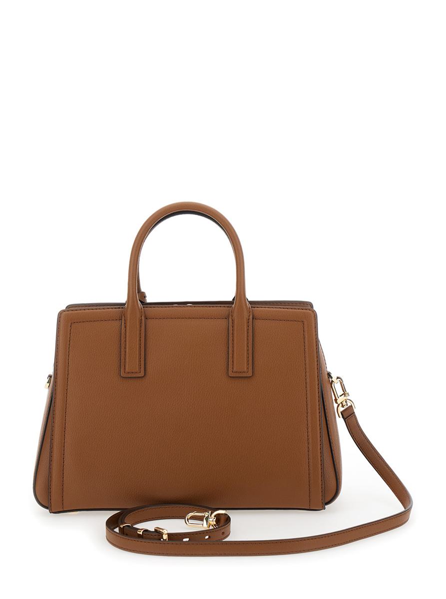 Brown Handbag With Metallic Lettering Logo And Pendant On The Front In Leather Woman