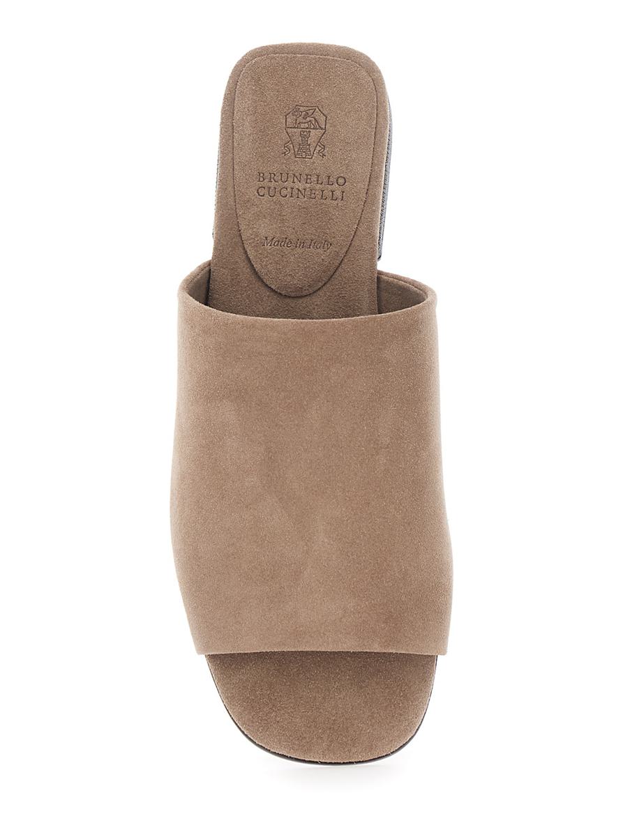 Beige Sandals With Monil Detail On The Heel In Suede Woman