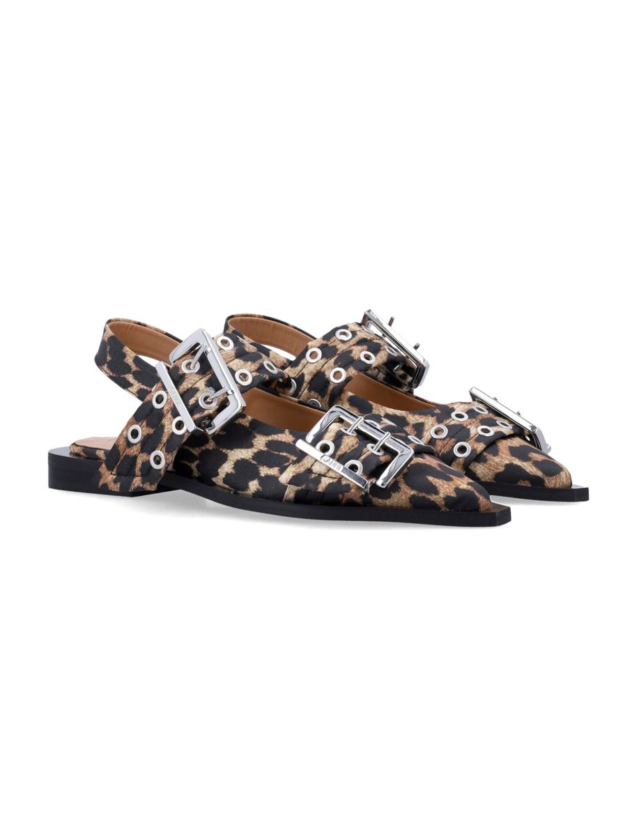 Ganni Leopard Satin Feminine Buckle Ballerinas