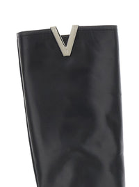 Black Knee Boots With V-Lateral Detailing In Leather Woman
