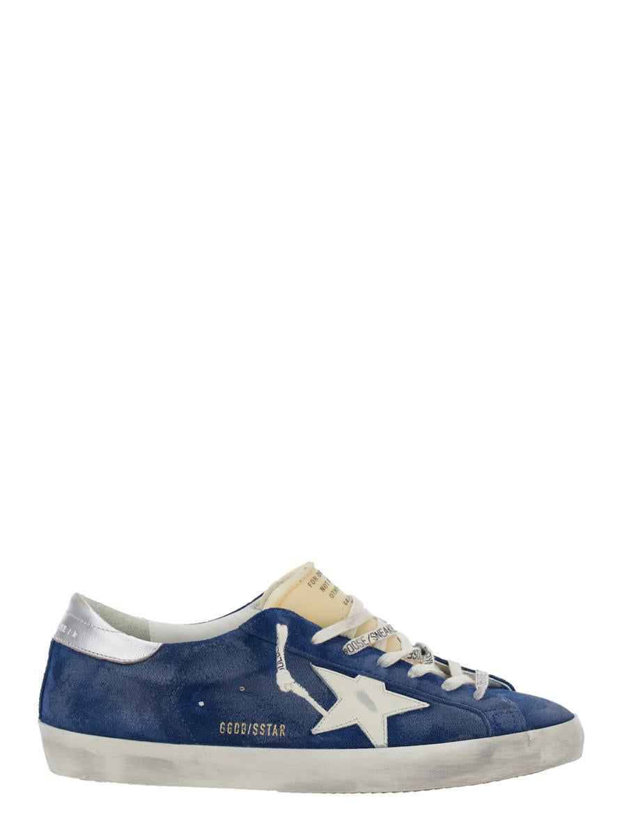 'Super-Star' Blue Low Top Sneakers With Embossed Logo And Contrasting Heel In Suede Man