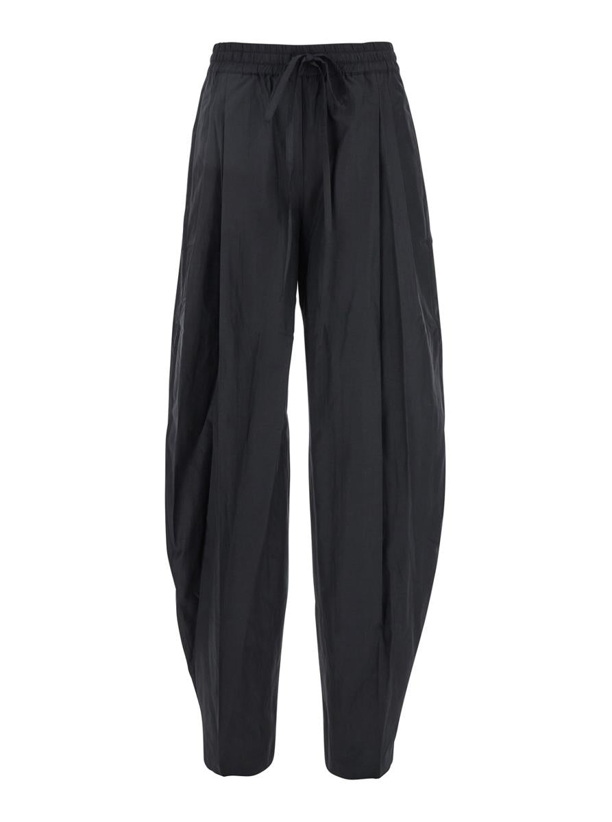 Black Pants With Cannon Pleats And Elastic Waist With Drawstring In Cotton Blend Woman