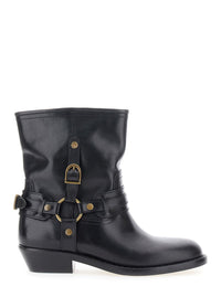'Ildred' Black Ankle Boots With Medium Block Heel And Decorative Buckle In Leather Woman