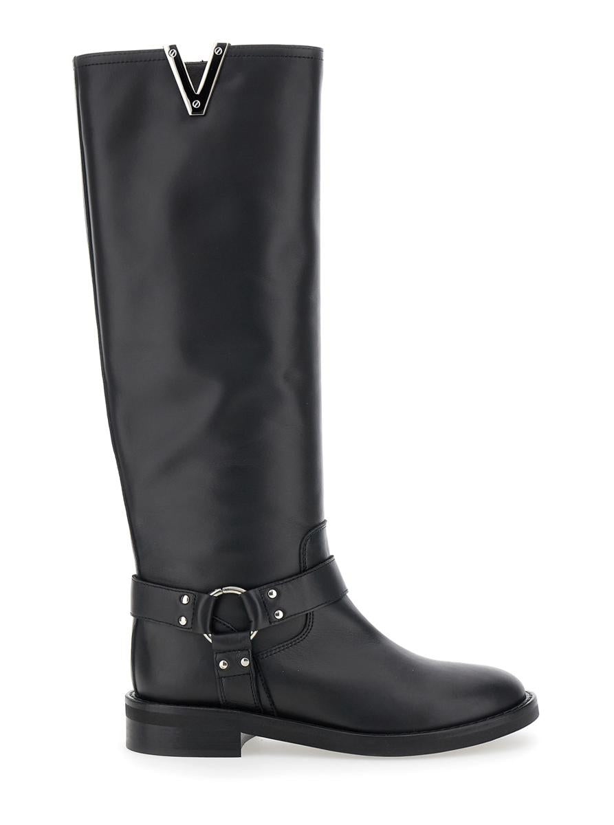 Black V-Detailed Knee Boots In Leather Woman