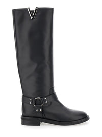 Black V-Detailed Knee Boots In Leather Woman