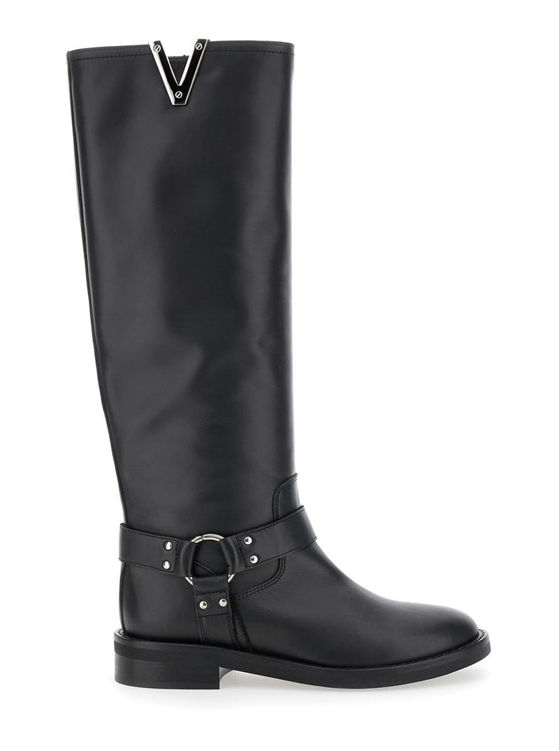 Black V-Detailed Knee Boots In Leather Woman