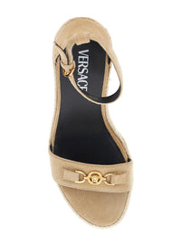 Beige Wedges With Adjustable Buckle Closure And Medusa Plaque On The Front In Leather Woman