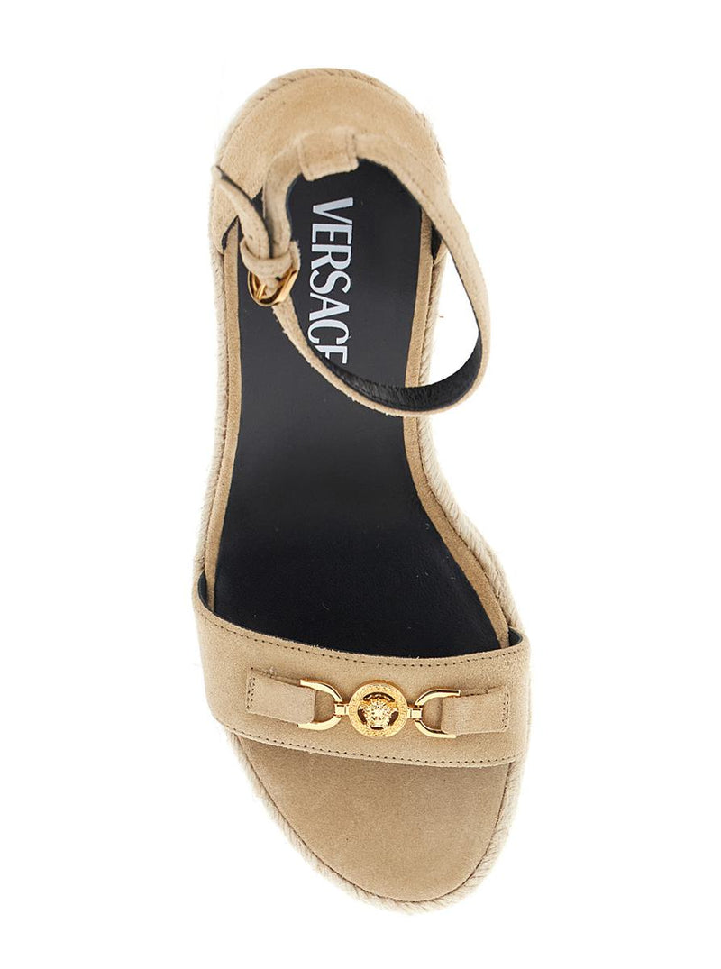 Beige Wedges With Adjustable Buckle Closure And Medusa Plaque On The Front In Leather Woman