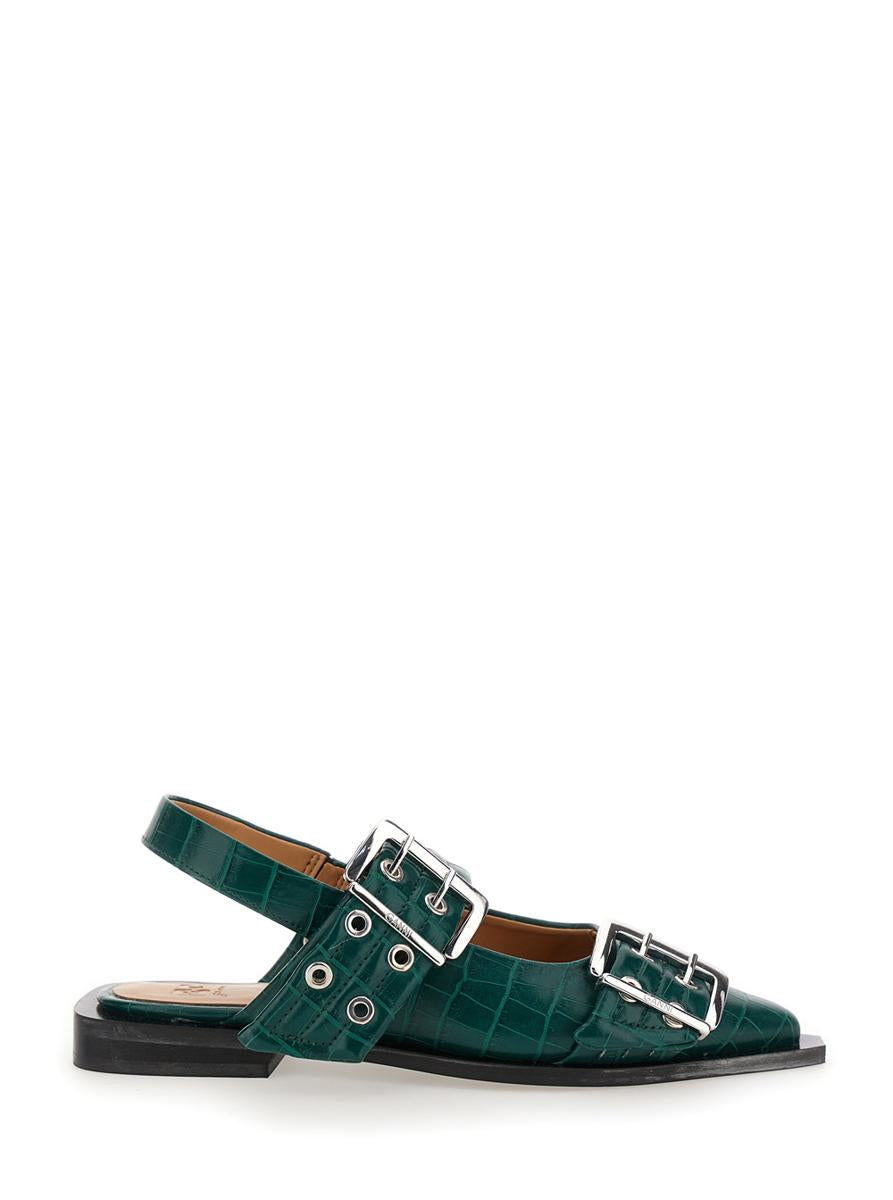 Green Ballet Shoes With Double Buckle And Pointed Design In Leather Woman